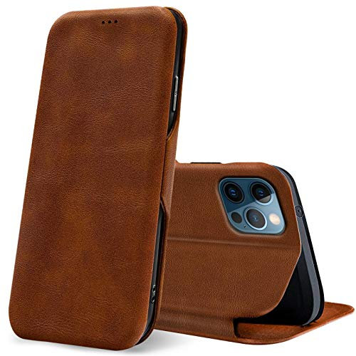 Verco Case per Apple iPhone 12 Custodia [6.1 pollice], iPhone 12 Pro Cover a Libro Pelle PU per iPhone 12/12 Pro Custodia Premio Booklet Protettiva, Marrone
