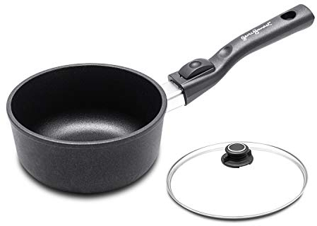 maxprime Poêle Gerti Gundel - Fabriqué en Allemagne - Casserole à lait de 8 cm de haut - Poignée amovible - Fonte à la main - Couvercle en verre résistant au four à 260 °C (induction, 16 cm 1L)