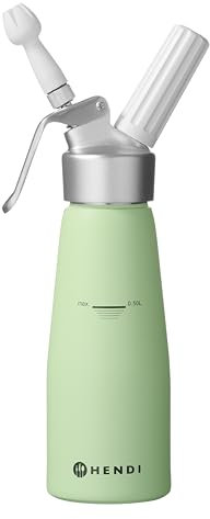 HENDI Sahnespender, Inklusive Set aus 3 Polypropylen Spritztüllen und Reinigungsbürste, Sahne-Mousses-Desserts-kalten Schäumen, Sahnesyphon, 0,5L, ø80x(H)260mm, Aluminium, Pastellgrün