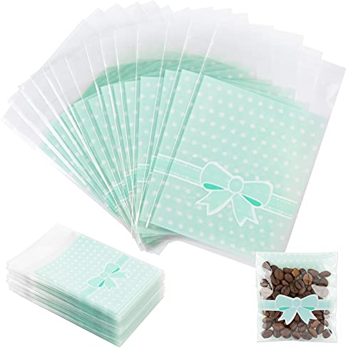 200 Stück Selbstklebende Tüten Kunststoff Beutel Plastiktüte Flachbeutel Blau Geschenktüten mit Schleife Klein Taschen Keks Gebäck Tüten Geschenkverpackung für Plätzchen Keks Süßigkeiten (8 * 10+3cm)