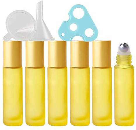 TIANZD Lot de 6, Flacons à Bille pour Huiles Essentielles 10ml – Bouteilles Rechargeables en Verre jaune Mat avec Billes en Acier Inoxydable (1 décapsuleur et 1 entonnoir)