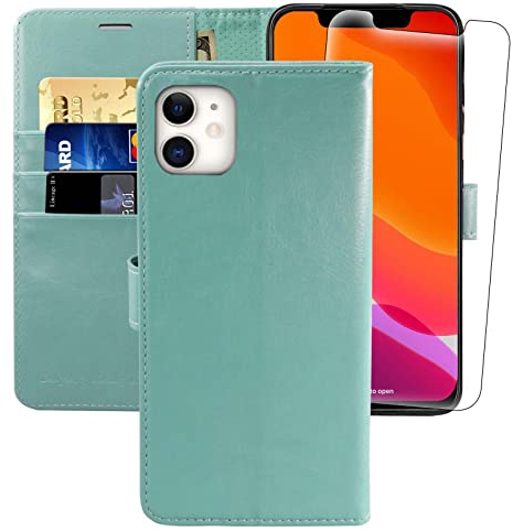 MONASAY iPhone 12 mini Wallet Case,5.4-inch, [Glass Screen Protector Included] [RFID Blocking] Flip Folio Leather Cell Phone Cover with Credit Card Holder for iPhone 12 mini,Mint