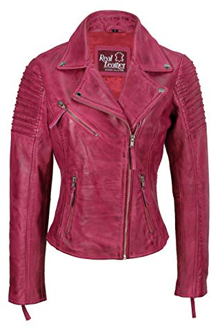 Xposed Womens Vintage Slim Fitted Soft Real Leather Ladies Biker Jacket UK Size 6 – 24[AYESHA,Pink,XL-14]