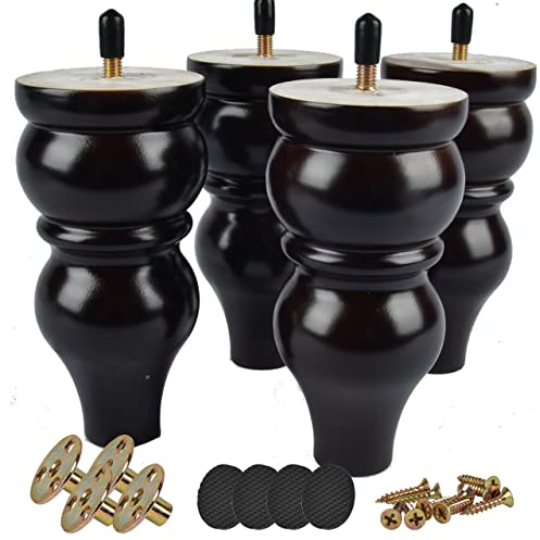 6 inch Solid Wood Furniture Legs, Btowin 4Pcs Turned Wooden Bun Feet with Threaded 5/16'' Hanger Bolts & Mounting Plate & Screws for Sofa TV Stand Ottoman Couch Armchair, Black