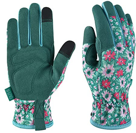 Gartenhandschuhe für Frauen und Männer, Touchscreen Gartenhandschuhe, Dornenfeste und Durchstichfeste Arbeitshandschuhe, Gartengeschenke für Frauen (grüne Blume, S)