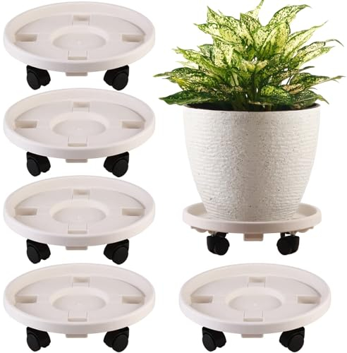 Lot de 5 grands bacs à plantes avec roulettes de 33 cm en plastique robuste pour plantes - Soucoupe sur roulettes - Pour intérieur et extérieur - Plateau de pot de fleurs - Blanc
