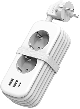 Unidapt Steckdosenleiste mit USB, 2 Fach Reise Mehrfachsteckdose mit 3 USB Ladegerät Schreibtisch mit Schalter Kompatibel mit Phone usw, Verlängerungskabel für Reisen und Büro,1.5m Kabel -Weiß