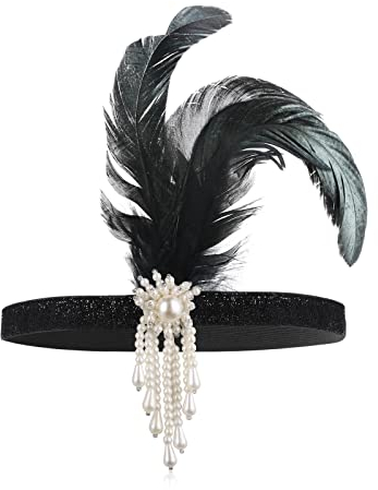 WLLHYF 1920er Jahre Flapper Stirnband, Feder Kopfbedeckung Kopfschmuck 1920er Bling Strass Haarschmuck für Frauen Mädchen Themen Kostüm Abschlussball Party Dekoration (Weiße Perlen)