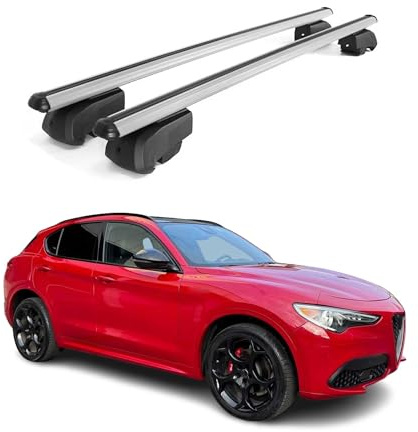 OMAC Aluminium Dachträger Querträger für Alfa Romeo Stelvio 2016-2026 – City Crash – ISO/PAS 11154:2006 – Abschließbar – Max. 75 kg – 2 Stangen Silber