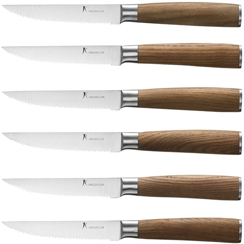 kangdelun Natura Set de 6 Couteaux à Steak Lame Ondulée (11,5 cm) – Lame en Acier Inoxydable Haute Teneur en Carbone, Manche en Bois Carbonisé, Tranchant et Résistant à la Rouille