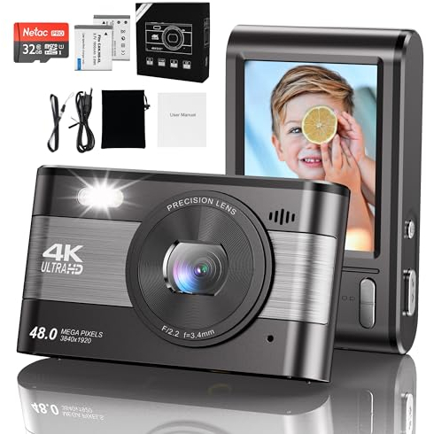 Appareil Photo numérique, Appareil Photo Compact 4K HD 1080p, Appareil Photo 48 MP, Zoom 18X, Petite caméra avec écran LCD, Carte SD 32 Go et Batterie pour Enfants/Enfants/Adolescents/Personnes âgées