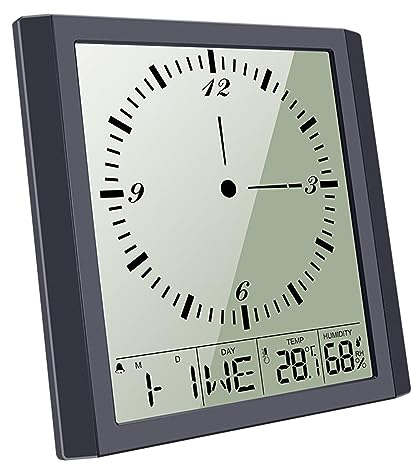 ThreeH Digitale Wanduhr Batteriebetrieben Kreativer Wecker mit Temperatur Luftfeuchtigkeit Kalender Großes Display Uhr für Senioren Wohnzimmer Büro Schwarz