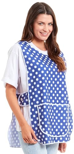 Ladies Polka Dot Design With Piping Tabard Apron Overalls Front Pocket Stylish Tabards for Women Casual Aprons for Women to Use in Home Kitchen Restaurants Coffee Shops UK Made (Navy, L)