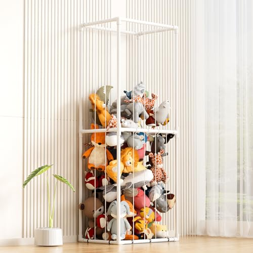 FAYDUDU Stuffed Animal Zoo Soft Toy Storage Stuffed Animal Storage Toy Organization Shelf with Elastic Band Stuffed Animals Cage for Nursery Playroom Bedroom Kid Room Furniture (white)