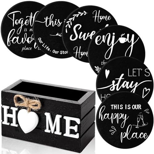 Queekay Housewarming Gifts for Home Decoration Wooden Heart Coasters for Drinks 6 Set Farmhouse Coasters with Holder Funny for Family Coffee Table Protection, 4''(Black,White,Home)