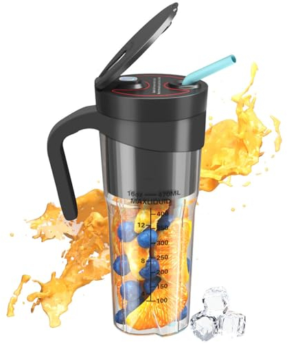 Meichoon Tazza portatile per spremere USB ricaricabile frullatore con cannuccia e scala 470ml/16oz Cordless impermeabile per succo di frutta e verdura LB40 nero, Q-LB40 Black