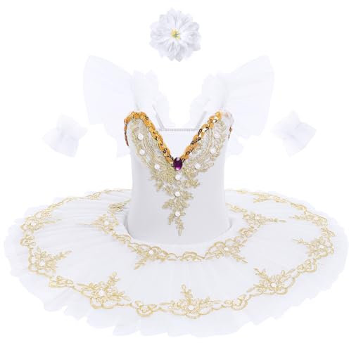 IDOPIP Girls' Ballet Performance Dress Ballet Pancake Tutu Kids Little Swan Dance Costume Ruffle Sleeve Lace Embroidered Sequins with Hair Clip White 130