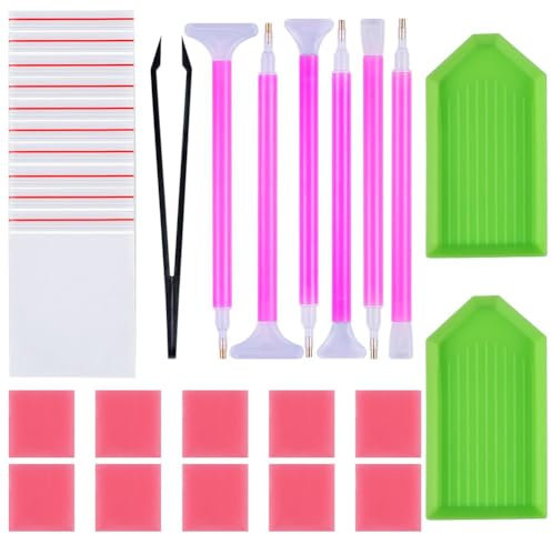 Wenrescry DIY Diamond Painting Zubehör Set – 105-teiliges Diamond Painting Werkzeug Set inkl. 6 Stiften, 30 Kleber, 3 Tabletts, 1 Aufbewahrungsbox, 60 Ziptüten, Etiketten und mehr für Diamant Malerei