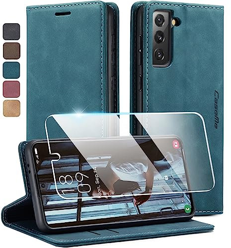 Premium Leder Flip Hülle für Samsung Galaxy S21 5G – [Inklusive kratzfestem Displayschutz] – 360° Rundum-Schutz mit Kartenfächern, Magnetverschluss & Standfunktion (Blau, Samsung Galaxy S21)