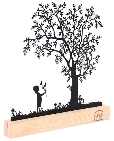 UNUS Deko-Baum Aufsteller, Kind auf Einer Blumenwiese, Aufsteller aus schwarzem Metall mit Bambus-Sockel, Deko für Fensterbank, Esstisch, Wohnzimmer, Frühlingsdekoration