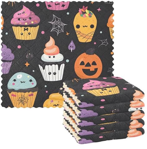 Mnsruu Paños de limpieza de microfibra para tartas, Halloween, calabaza, negro, reutilizables, para lavar, paquete de 6 paños de cocina suecos, toallas de limpieza de microfibra, lavables, trapos para