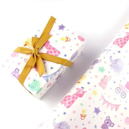 MoguGo Geschenkpapier Baby 5 Blatt 50x70cm – Süße Tiermotive – Geschenkpapier Geburtstag & Geburt Papier für Neugeborene, Babyparty, Taufe & Geschenke Wrapping Paper für Jungen & Mädchen
