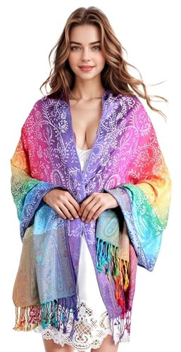 Alyxiavia Weiche bunte Blume Jacquard Baumwolle Quaste Schal und Schal Pashmina für Frauen(weiß)