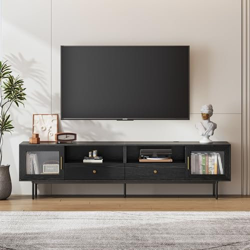 Flycity TV Lowboard 200 cm, Fernsehtisch, Stehend/Hängend, Italienischer TV Schrank aus Holz, TV Board Schwarz für 75-Zoll-Fernseher, TV Sideboard Wohnzimmer
