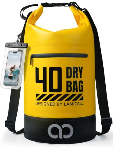 Lamicall Dry Bag, Waterproof Bag - [Robust & Anti-Scratch] 5L/10L/20L/30L/40L Waterproof Backpack with 100% Water Proof Phone Pouch, Floatable Drybag for Boat Swimming Kayaking Camping - Yellow(40L)