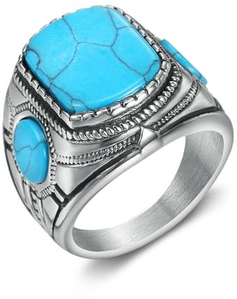Sumpgle Herren Türkis Ring Edelstahl Vintage Stil Unikat Edelstein Schmuck Nordic Fashion 3-Stein Blau Türkis Band