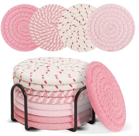 8 Rosa Untersetzer mit Halter,Tassen Untersetzers für Küche Büro Die Bar Schmücken,Mädchen Untersetzer Gläser,Absorbierender Stoff Untersetzer Set,Hauswärmungsgeschenke für Frauen Mutter