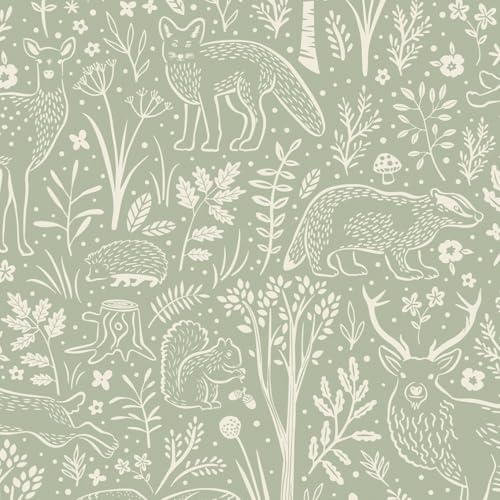 Grandeco Native Woodland Animals Nursery Textured Wallpaper, Sage Green