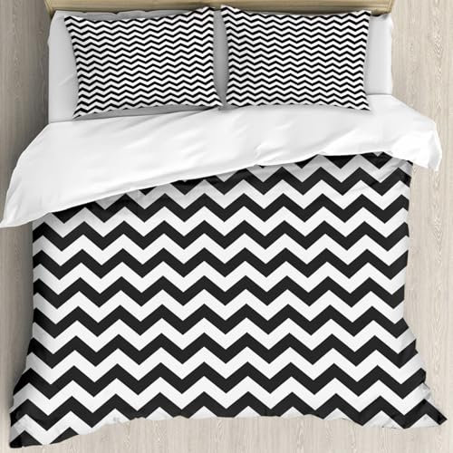 MJNLYDAO Bedding duvet set Reversible soft print set Hypoallergenic glue cover Bedding kit with 2 pillowcases,Chevron,Zig Zags in Black and White Sharp Arrow Inspired Classic Retro Tile,152x203cm