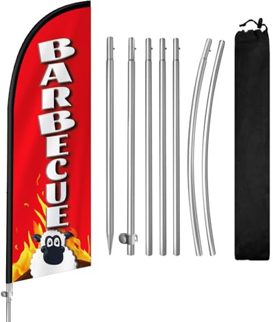 QSUM Grill-Fahne mit Edelstahl-Fahnenmast, Erdspieß, Werbeflagge, geeignet für Unternehmen und Schaufenster, 2,4 m, 1 Set