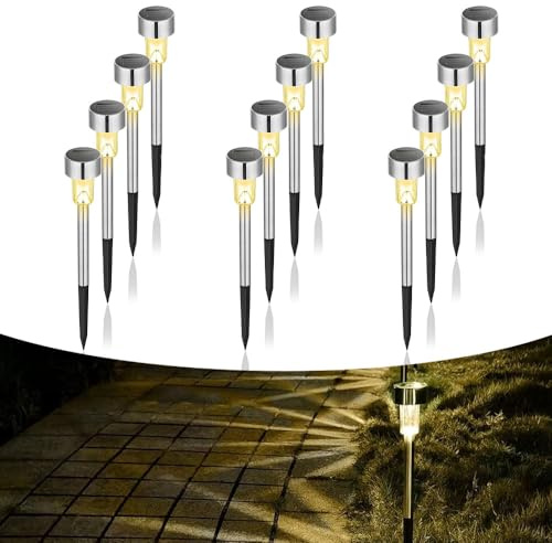 PASLFC 12 Stück Solarlampen für Außen Garten,Solarleuchten Garten Warmweiß,IP44 Wasserdicht Solarlampen für Außen,LED Solarleuchten Garten Edelstahl,für Außen, Terrasse, Rasen, Garten, Hof, Wege