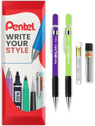 Pentel 120 Series Automatic Mechanical Pencil A315 + 12 HB Refill Leads + Tube of Eraser Refills - In Envelope Gift Packaging (Violet & Light Green, 0.5mm)