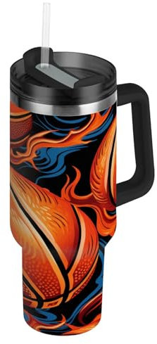 Baloncesto Lindo Deporte Llama Botella de Agua Deportiva con Pajita Acero Inoxidable, Botellas Termica Sin BPA para Niños Deporte Gimnasio Ciclismo Escuela