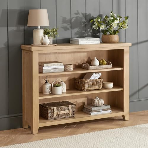 The Furniture Market Cheshire Whitewash Oak Wide Low Bookcase | Solid Oak 3 Shelf Bookshelf | Adjustable Shelves | Shaker Style | Whitewash Finish | Fully Assembled | H 960 x W 1320 x D 340mm