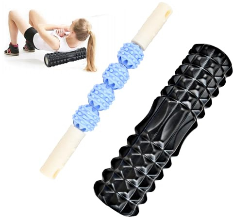 Fazienrolle Rücken Wirbelsäule 30x8cm, Foam Roller Faszienrolle Sets mit 33cm Massageroller Stab, für Rücken Beine Fuß Oberschenkel Nacken Yoga Pilates Sport (Schwarz)