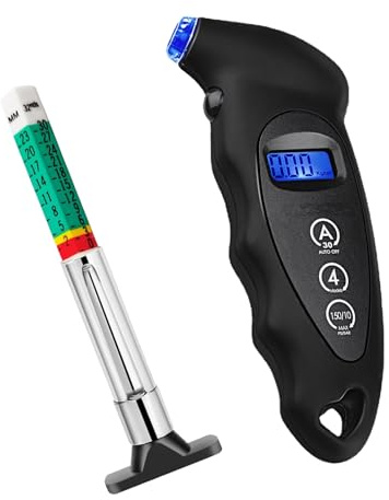 Manometro digitale per pneumatici, 150 psi, 10 bar, con profondimetro del battistrada, 4 impostazioni di misurazione, LCD retroilluminato, impugnatura antiscivolo, per auto, camion, biciclette, moto