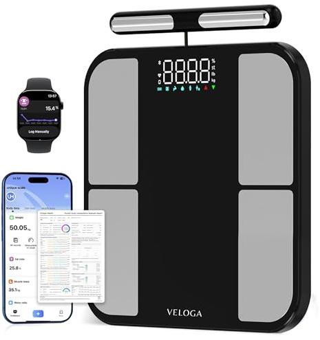 Veloga Smart Körperfettwaage für Körpergewicht, 8 Elektroden Personenwaage mit 56 Datenanzeigen, Bluetooth Körperzusammensetzungsanalysator App, großes LED-Display, genaue Waage bis zu 180 kg