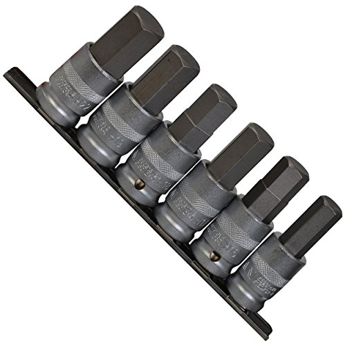 Innensechskant Kraft Steckschlüsselsatz mit Bohrung für Kugelarretierung/Schraubendreher-Einsätze 14-22 mm Einsatz/Steck-Nuss für Innen-6-kant Schrauben 1/2 Cr-V auf Steckleiste, 6-tlg.
