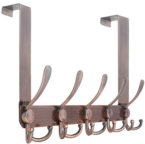 WEBI Over The Door Hook Rack with 5 Tri Hooks for Hanging Coats,Over Door Hanger Coat Rack Over Door Towel Rack Towel Hanger for Behind Back of Bathroom,Antique Copper