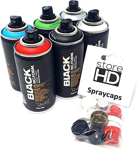 Montana Black Spray Cans Set, Pocket Cans in 6 Colours + 10 Replacement Spray Heads - 6 x 150 ml