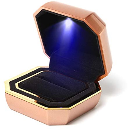 Rolin Roly Ringschachtel Mit LED-Licht Ring Box Schmuck Geschenkbox Achteckige Ringbox Led Ehering Jewelry Ring Box für Proposal Engagement Hochzeits (Champagne gold octagonal ring box)