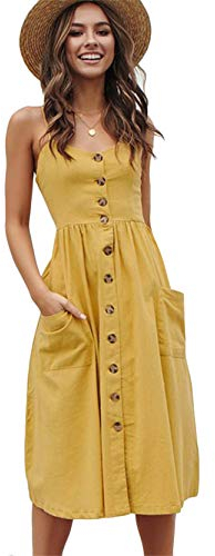 Yming Damen A-Linie Sommerkleid Casual Boho Kleid Ärmelloses Kleid Gelb XXL