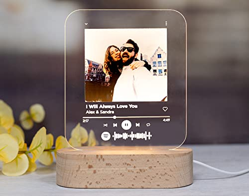 Regalo Original Lámpara de Metacrilato Personalizada Canción Spotify 13x17cm de Base de Madera Luminosa 14,5x6x3,5cm con Foto, Texto y Código Spotify a Escanear, Iluminado con Luz Blanca de Cable USB