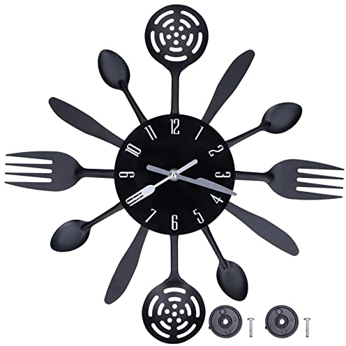 14.4 Kitchen Wall Clock, Black Kitchen Cutlery Wall Clock with Spoons and Forks, 3D Removable Creative Modern Wall Decal