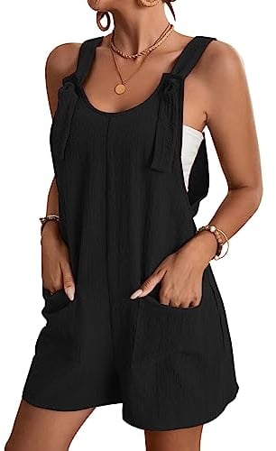 KOEMCY Womens Strappy Overalls Dungarees Sleeveless Playsuits Loose Short Overalls Summer Shortalls Rompers Casual Dungarees Overalls with Pockets (Black, L)