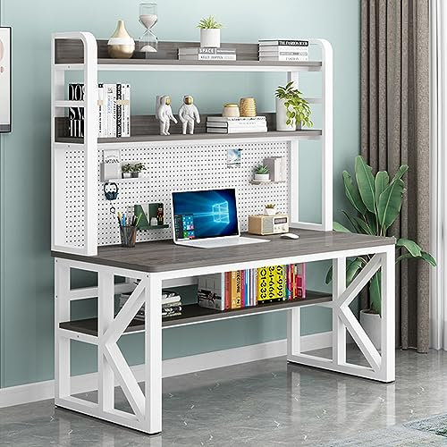 KAZUP Computertisch mit Ablageflächen und Stecktafel, moderner Studentenschreibtisch, großer Arbeitstisch für Arbeitszimmer, Schreibtisch für Heimbüro (99 cm, Grau + Weiß)